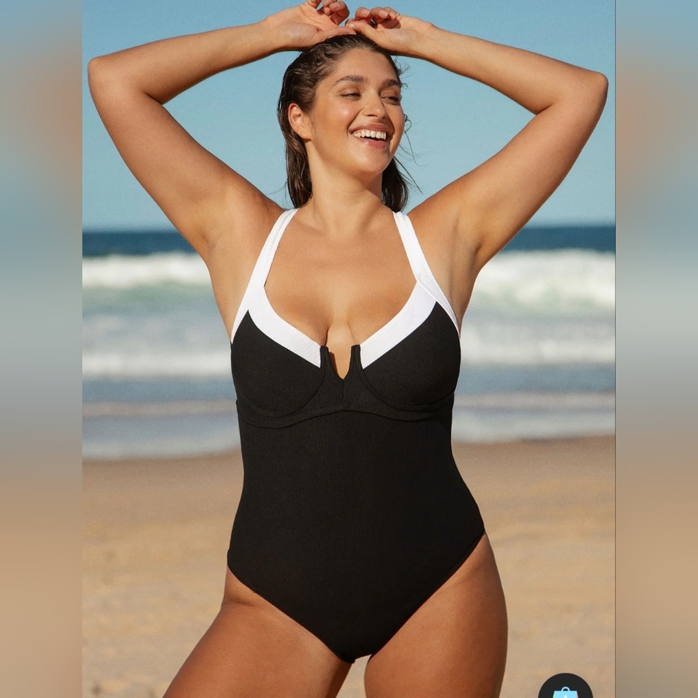 NWT Berlook Contrast Trim Tie Back One Piece Swimsuit, Size 20